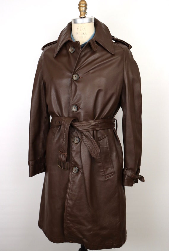 1970s Leather Trench Coat / men's large - image 1