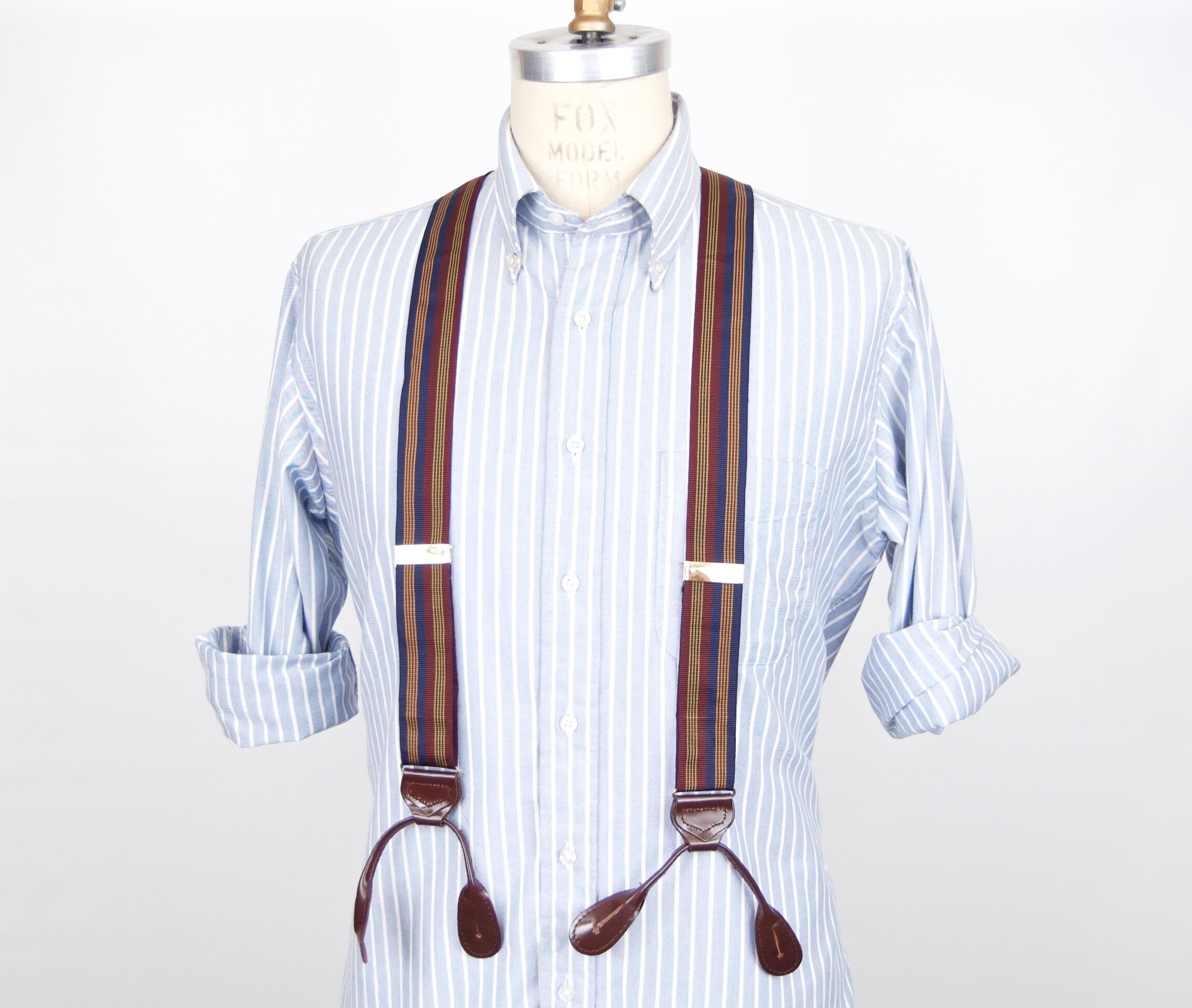 New Y back Men/'s Suspenders Braces clip on convertible Navy blue beige Stripes