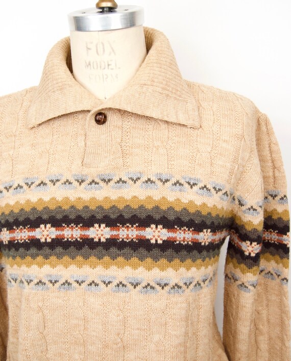Vintage 70s-80s Collared Cable Knit Sweater With Fair Isle  display picture 1