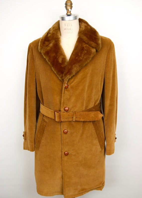 1970s Corduroy Trench Coat w/ Faux Fur Collar & Linin… - Gem