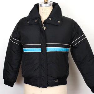 1980s Ski Coat in black nylon with horizontal stripe / men&#39;s small