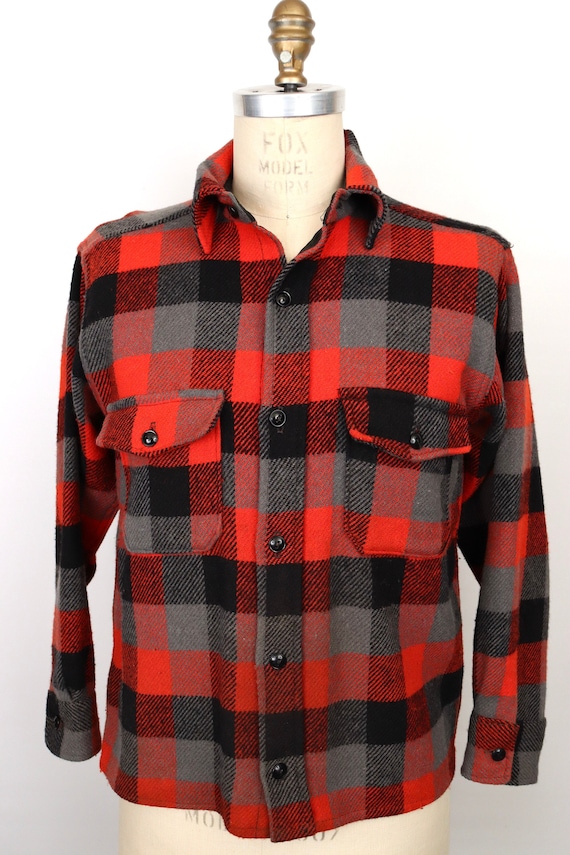 1960s-50s Melton Check Wool Flannel Shirt / men's med… - Gem