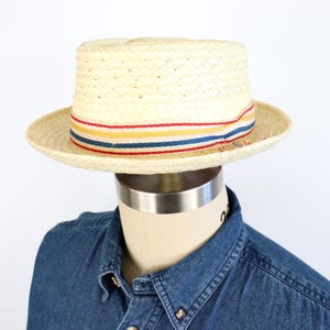 1950s Plaid Pork Pie Hat in off-white woven yellow straw with red & blue hat band / men&#39;s small-medium