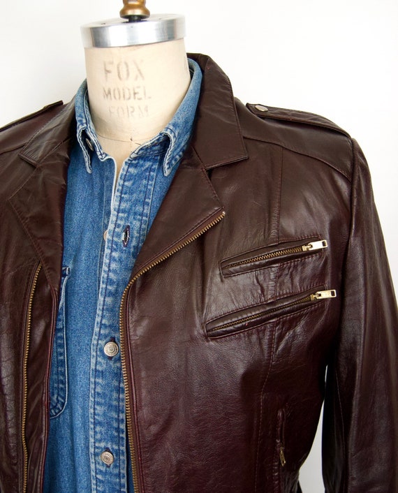 1970s-80s Burgundy Leather Motorcycle Jacket / me… - image 2