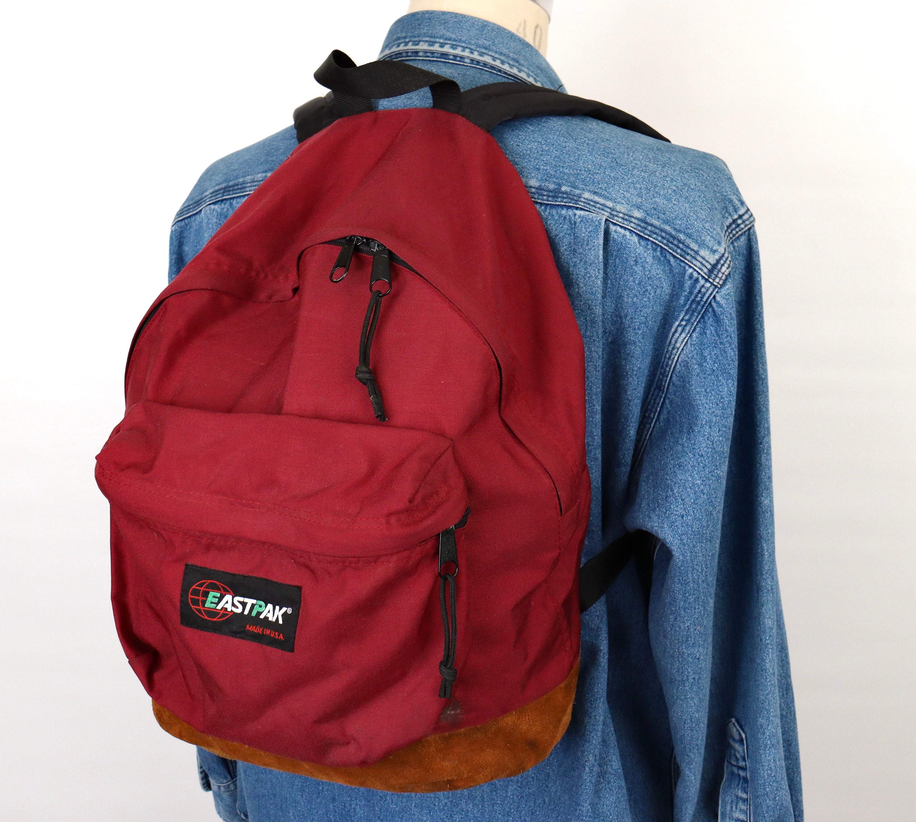 Classic 1990s Eastpak Backpack With Brown Suede and Burgundy