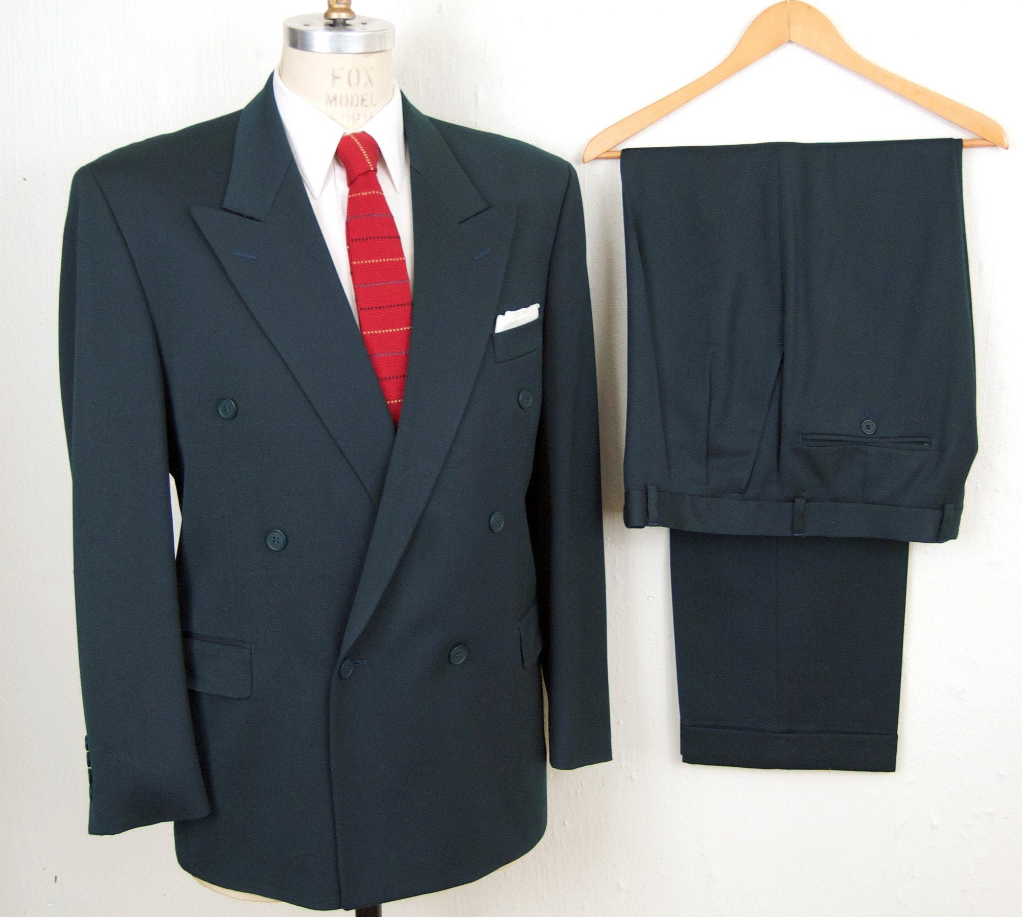 1980s-90s Yves Saint Laurent Double Breasted Suit w/ Peak Lapel / vintage YSL dark teal suit / large 44