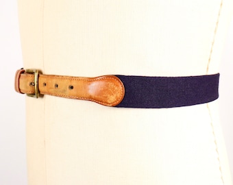 Coach Navy Blue Canvas & Tan Leather Belt with brass buckle / size 34 / men's small-medium