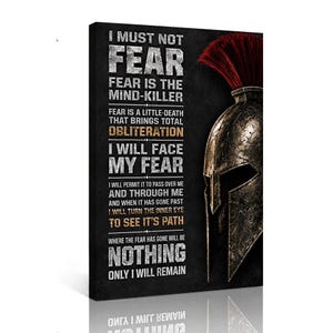 May include: A rectangular wall art canvas featuring a weathered bronze Spartan helmet with a red crest on the right side. The black background displays the text: I MUST NOT FEAR, FEAR IS THE MIND-KILLER, FEAR IS A LITTLE-DEATH THAT BRINGS TOTAL OBLITERATION.
