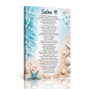 May include: A rectangular canvas wall art piece featuring a beach scene with turquoise ocean waves crashing onto light tan sand. Scattered seashells and a blue starfish decorate the sand. The text Salmo 91 and its verses are printed in black.