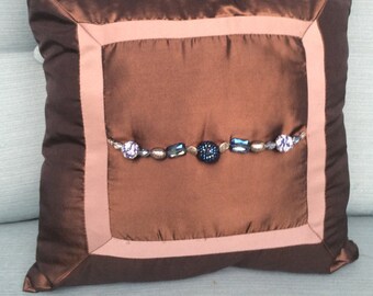 Designer Bronze Pillow Blue Beads, Decorative Brown Throw Pillow, Copper Accent Pillow, Couch Pillow, Sofa, couch Bed Pillow, Bronze