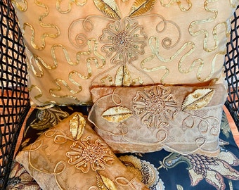 EMILY CUSTOM ORDER - 2 Cottage Chic Pillows, Vintage Suit, Appliqué Gold Pillow, Redesigned Evening Dress, Designer Decorative Accent Pillow