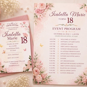 Könnte beinhalten: Ein Geburtstags-Einladungs- und Programmset für Isabella Maries 18. Geburtstag mit rosa Aquarell-Blumenmotiven und Schmetterlingen, das den Zeitplan für den 22. Oktober 2030 im Grand Palace Hotel sowie RSVP- und Veranstaltungsdetails enthält.