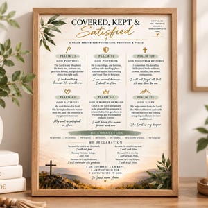 May include: A framed wall art print titled Covered, Kept & Satisfied featuring six sections of Psalm verses with icons, a mountain landscape background, and a declaration section at the bottom, all presented in a light wood frame with green leaf accents.