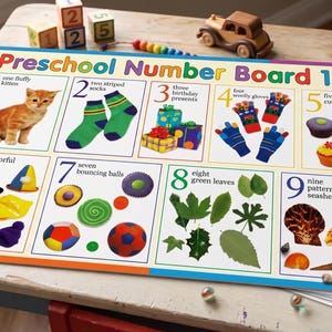 Puede incluir: Un póster educativo rectangular titulado Preschool Number Board 1-100 que presenta ilustraciones coloridas de objetos emparejados con los números del uno al nueve, incluyendo un gatito, calcetines, regalos, guantes, cupcakes, sombreros, pelotas, hojas y conchas marinas.