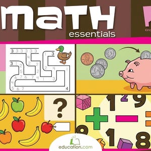 Kindergarten Math Essentials Workbook, Printable PDF with Counting, Addition, Measurement and Coin Sorting Activities for Kids