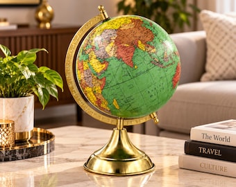 Globo terrestre verde para mesa | Globo geográfico vintage com suporte dourado | Globo decorativo educativo | Decoração para escritório/sala de estudos | Presente de viagem