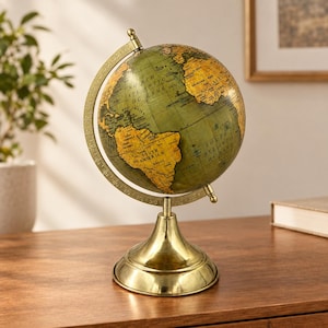 Puede incluir: Un globo terráqueo de sobremesa con un mapa en tonos verde y amarillo con texto en negro, montado sobre un soporte de metal color latón pulido. El globo está rodeado por un anillo meridiano graduado en latón con marcas de grados.