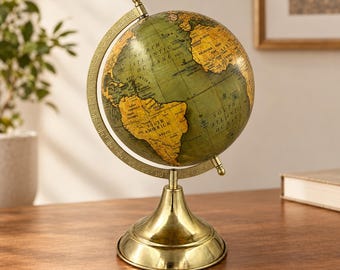 Globo Terrestre Antigo Decorativo | Globo de Mesa Vintage com Suporte Dourado | Globo Clássico com Mapa Mundi | Decoração de Escritório | Expositor para Sala de Estudos | Presente de Viagem