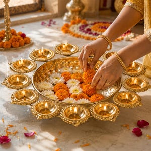 May include: A large, circular, gold-toned metal bowl featuring a decorative rim with twelve integrated diya oil lamps, each holding a small lit flame. The bowl is filled with white chrysanthemums and bright orange marigold flowers.