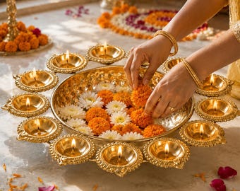 Tigela Urli de Metal com Suportes | Urli Floral Decorativa para Puja, Centro de Mesa Festivo, Decoração de Diwali, Arranjo de Flores e Decoração de Casa