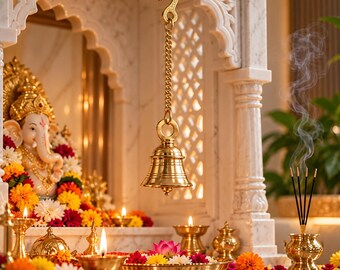 Brass Hanging Bell with Chain & Hook | Pooja Temple Bell in 3 Sizes | Door Hanging Bell | Pooja Room Mandir Decor | Housewarming Diwali Gift