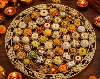 56 Katori Pooja Thali Set 48 cm | Decorative Metal Peacock Border Offering Tray with 56 Bowls | Large Pooja Thali for Rituals | Festive Gift