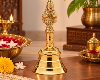Hanuman Brass Pooja Bell | Bajrangbali Hand Bell Ghanti for Puja Aarti Temple | Hindu Mandir and Pooja Room Decor | Diwali Housewarming Gift