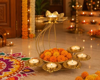Suporte decorativo para velas em formato de lótus (Urli) | Centro de mesa floral com vários suportes para diya | Ideal para sala de oração, Diwali, decoração de quarto, mesa de jantar e festas.