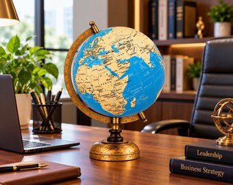 Blue World Globe 8 Inch | Rotating Desk Globe with Antique Brass Finish Patterned Base | Office Study Table Decor | Teacher Gift