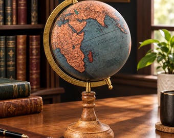 Antique Style World Globe | Teal Blue Rotating Desk Globe with Carved Wooden Base | Study Office Home Decor | Housewarming Gift for Traveler