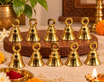 Mini Shiny Gold Tone Bell | Small Hanging Ghanti with Loop for Toran Door Hanging Crafts and Laddu Gopal Decor | Mandir Decor | Return Gift