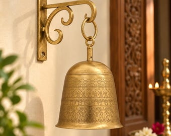 Brass Wall Bracket Bell with Engraved Pattern | Antique Style Temple Bell | Pooja Room Mandir Decor | Door Entrance Bell | Housewarming Gift