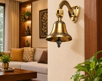 Brass Wall Mounted Bell | Antique Style Temple Bell with Engraved Bracket | Pooja Room Decor | Door Entrance Bell | Housewarming Diwali Gift