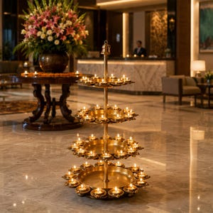May include: A tiered brass candle holder featuring four circular levels, each rimmed with small individual candle cups. The structure is supported by a central vertical rod topped with a small bell-shaped finial, with lit candles in each cup.