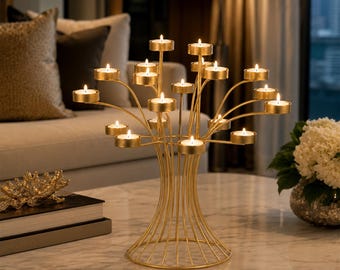 Suporte decorativo em forma de árvore para velas tealight | Centro de mesa elegante com várias velas | Castiçal de mesa para sala de oração, sala de estar e mesa de jantar