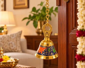Royal Blue Enamel Brass Finish Hanging Bell | Orange Floral Temple Ghanti with Chain for Mandir Entrance Door | Pooja Room Decor | Puja Gift