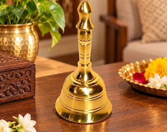 Brass Pooja Bell | Traditional Hand Bell Ghanti for Puja Aarti Temple Rituals | Hindu Mandir and Pooja Room Decor | Diwali Housewarming Gift