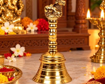 Nandi Pooja Bell | Brass Finish Hand Bell Ghanti for Puja Aarti Temple Ritual | Hindu Mandir and Pooja Room Decor | Diwali Housewarming Gift