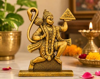 Hanuman Statue with Sanjeevani Mountain | Brass Bajrangbali Figurine | Hindu Spiritual Home Decor | Car Dashboard Idol | Devotional Gift