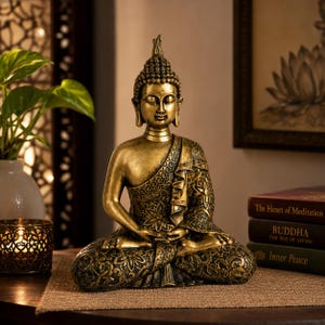 Könnte beinhalten: Eine goldfarbene Buddha-Statue in sitzender Meditationshaltung. Die Figur trägt ein strukturiertes Gewand mit komplizierten Blumenmustern und einen traditionellen Ushnisha auf dem Kopf. Die Statue hat ein patiniertes Finish, das die Details betont.