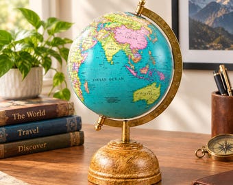 World Globe 10 Inch | Blue Ocean Desk Globe with Golden Engraved Base | Study Office Home Decor | Housewarming Gift for Students & Travelers