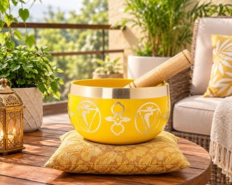 Tigela Tibetana Amarela com Almofada e Baquetas | Tigela para Meditação dos Chakras | Tigela para Cura Sonora | Decoração para Yoga e Bem-Estar Espiritual