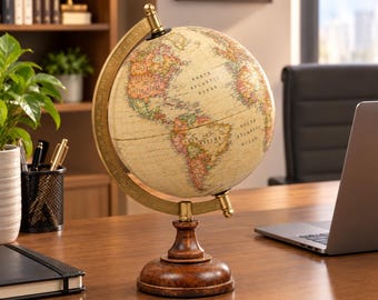 Globo Terrestre Decorativo | Globo Giratório em Estilo Vintage com Base de Madeira | Globo de Mesa para Escritório em Casa, Sala de Estudos, Biblioteca e Decoração de Viagem