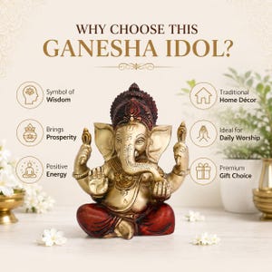 May include: A metallic gold and deep red Ganesha idol in a seated position. The text reads: WHY CHOOSE THIS GANESHA IDOL? Symbol of Wisdom, Brings Prosperity, Positive Energy, Traditional Home D&eacute;cor, Ideal for Daily Worship, Premium Gift Choice.