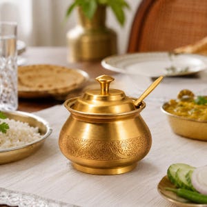 Puede incluir: Un recipiente para especias de metal dorado pulido con tapa a juego y una pequeña cuchara en su interior. El recipiente presenta un cuerpo redondeado con un intrincado patrón floral en relieve que rodea la sección central y una base lisa.