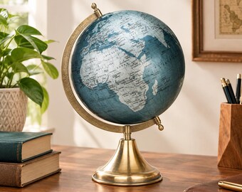 Globo Terrestre Moderno Decorativo | Globo de Mesa Azul-Acinzentado com Suporte Dourado | Mapa Mundi | Decoração para Mesa de Escritório | Exibição para Sala de Estudos | Presente para Amantes de Geografia
