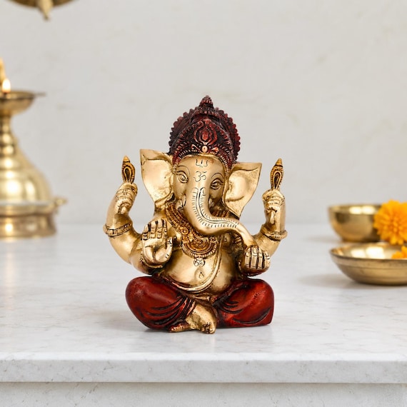 Brass Ganesha Idol 5.5 Inch, Traditional Ganesh Statue for Home Temple, Pooja Room Decor, Spiritual Decor, Meditation Space and Festive Gift