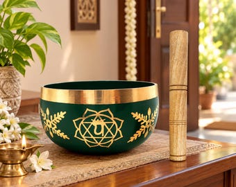 Tigela Tibetana Verde com Baqueta | Tigela Sonora para Meditação, Yoga e Atenção Plena | Tigela para Cura Espiritual | Decoração Budista para Bem-Estar