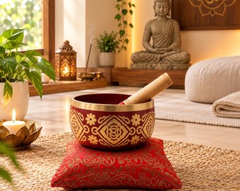 Tigela Tibetana Vermelha com Baqueta | Tigela Sonora para Meditação | Tigela para Cura dos Chakras | Decoração para Yoga e Meditação | Presente Espiritual para Atenção Plena