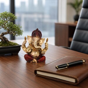 May include: A metallic gold and deep red Ganesha figurine in a seated position with four arms, featuring intricate carvings on the headpiece and a prominent trunk. The deity is depicted with a raised hand and holds small flame-like objects in two hands.